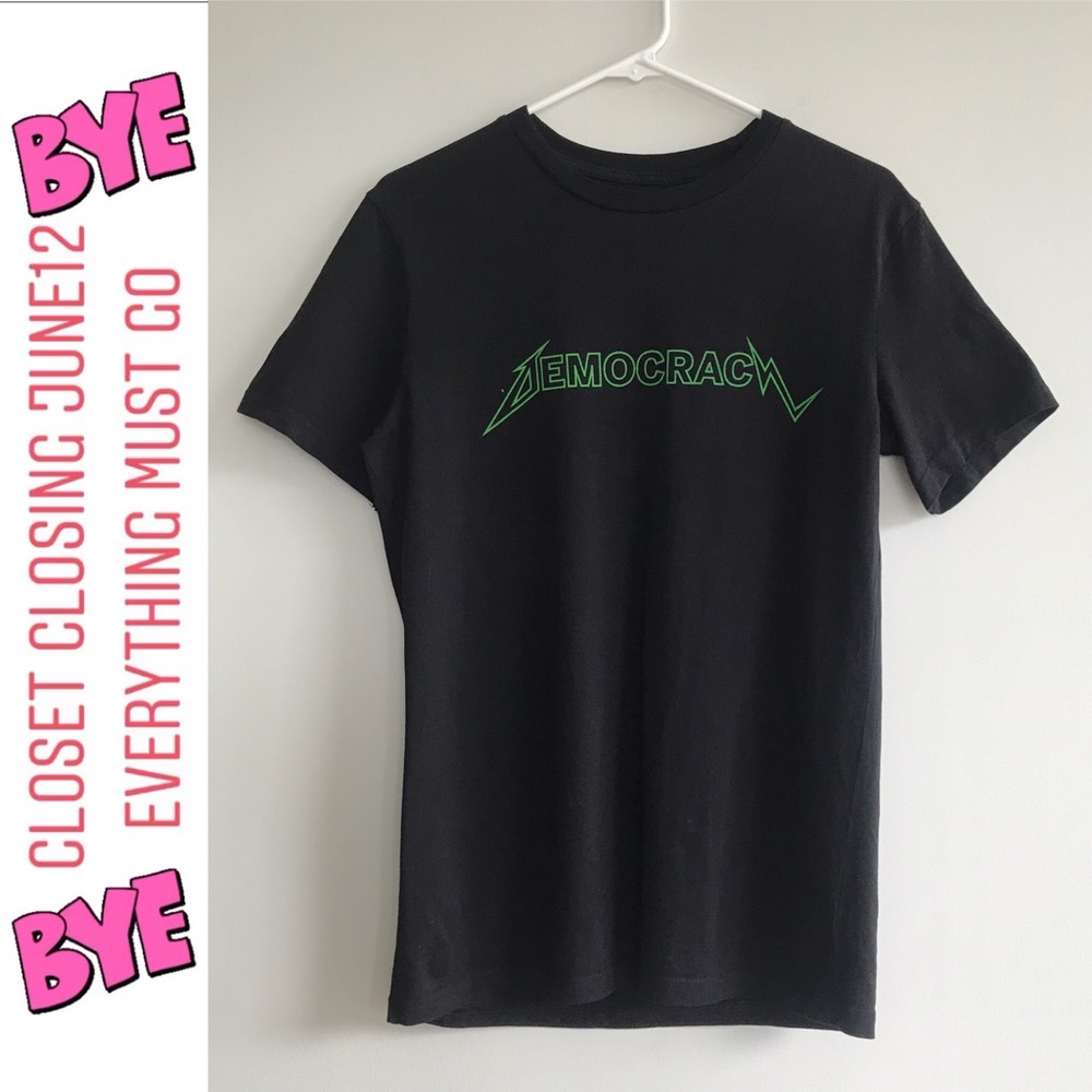 DEMOCRACY BLACK TEE WITH GREEN TEXT sizeS